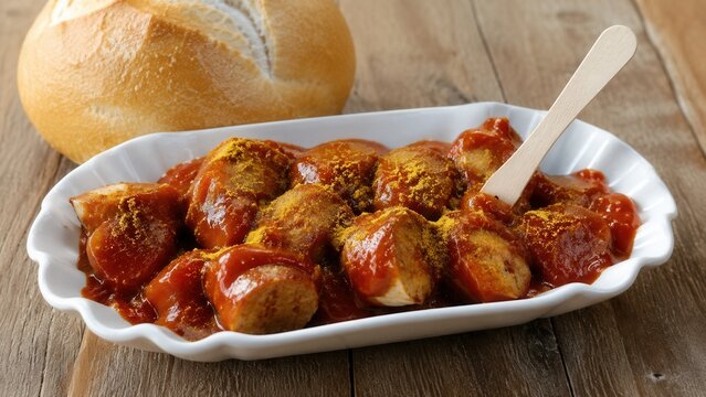 Klassische Currywurst mit w&uuml;rziger Currysauce und frischem Br&ouml;tchen auf rustikalem Holztisch. Beliebter deutscher Imbiss, appetitlich serviert mit Currypulver.