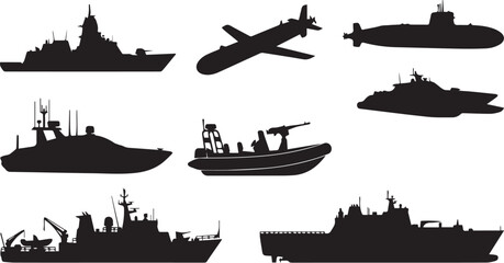 Obraz premium Military warships and naval vessels silhouette icon set