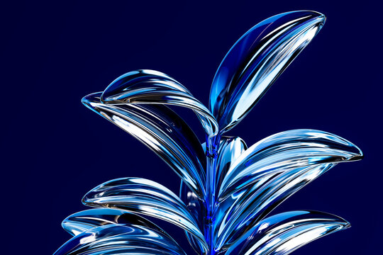 Luxury futuristic botanical sculpture made of liquid chrome and glass 3D Render