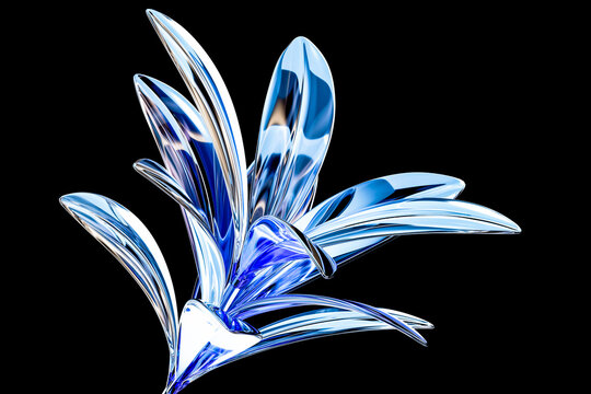 Luxury futuristic botanical sculpture made of liquid chrome and glass 3D Render