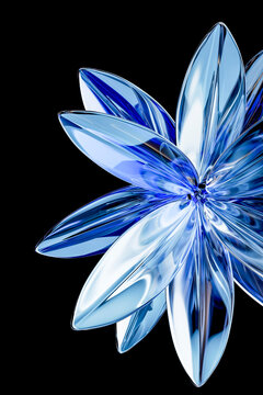 Futuristic chrome flower sculpture with reflective metallic petals on dark background 3D Render
