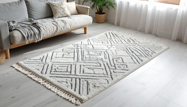 Modern living room interior featuring a decorative woven area rug with geometric pattern placed on a light wooden floor by a cozy sofa.