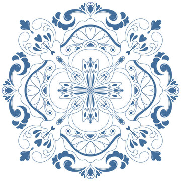Hand-drawn mandala pattern featuring intricate floral ornaments, symmetrical decorative details, and elegant line art. Original artwork designed by panpij. 