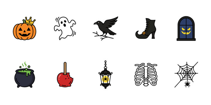 Halloween icons set including pumpkin ghost crow witch boot spooky window cauldron candy apple lantern skeleton and spider web