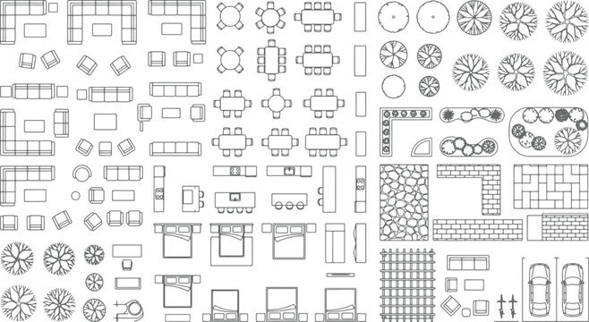 Architectural floor plan furniture symbols set including seating tables beds trees and landscape elements vector illustration