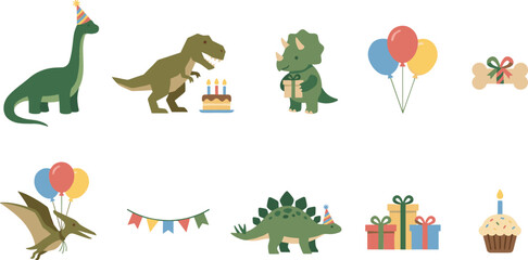 Cute Dinosaur Birthday Party Icon Set Featuring Cartoon T-Rex Triceratops Stegosaurus Brachiosaurus and Pterodactyl with Cake Balloons Gifts and Festive Bunting Garlands © MdMostakin