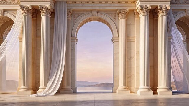 Classical columns with draped fabric