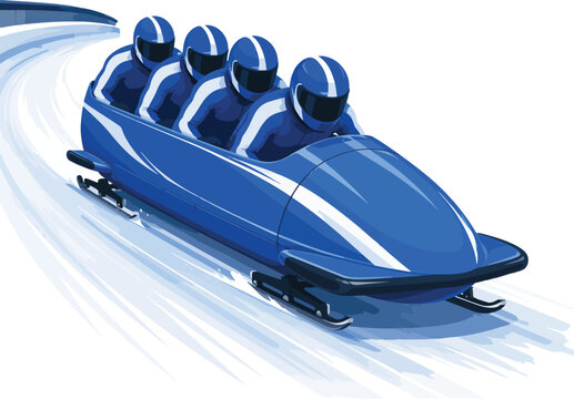 Four person bobsled team racing down icy track bobsleigh