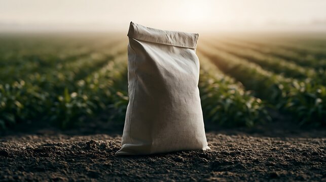 Blank fertilizer bag standing on cultivated farmland with growing crops at sunrise, agricultural supply concept, crop nutrition, farm production, packaging mockup with copy space