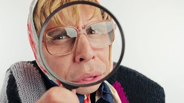 Comic actor as old grandma looking through a magnifying glass at camera