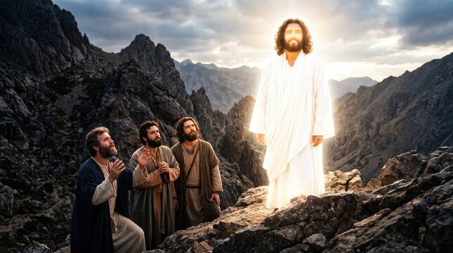 Jesus Christ transfigured on a mountain with apostle Peter, James and John. Biblical scene of divine glory and light. Religious illustration of miracle event from New Testament.