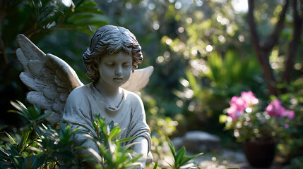 Fototapeta premium cherub angel garden statue surrounded by lush greenery and blooming pink flowers in tranquil backyard sunny afternoon light
