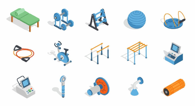 Colorful isometric icons of gym equipment and office items.