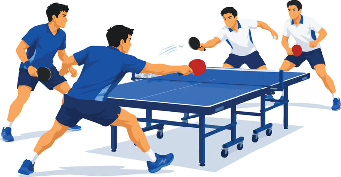 Table tennis players in action during a match ping pong