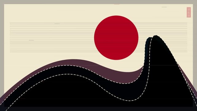Japanese Minimalist Abstract Landscape Motion with Red Sun and Waves