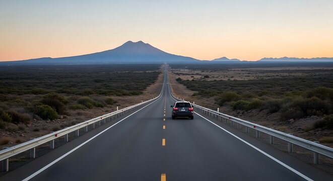 A single car driving on a long straight asphalt road heading towards a large mountain at sunset with a beautiful soft orange and blue sky in the background