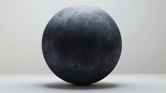A large dark gray stone or metal sphere on a white surface