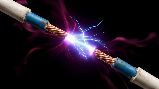 High voltage electrical discharge between two copper wires creating sparks and plasma 4k video