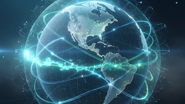 Digital network encircling the Earth, illustrating global communication and technological connectivity across continents.