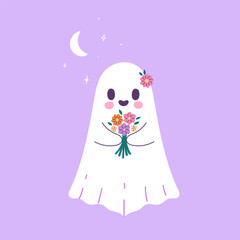 Fototapeta premium Cute ghost with a bouquet of flowers. Vector graphics.