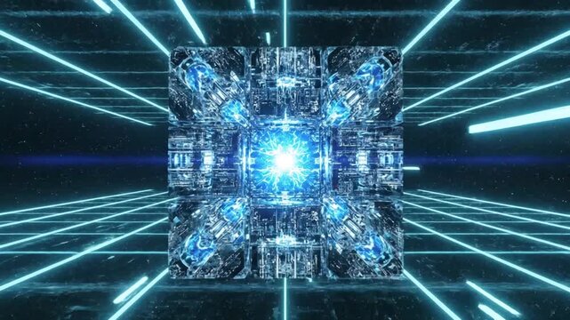 Crystal cube in glowing blue digital perspective tunnel.