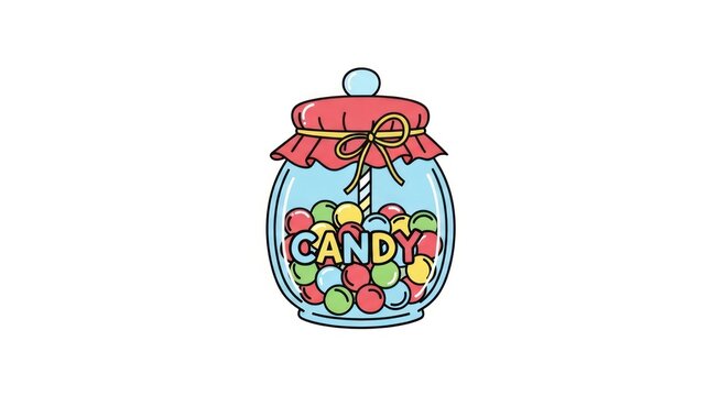 Colorful candy jar illustration with assorted sweets and red lid.