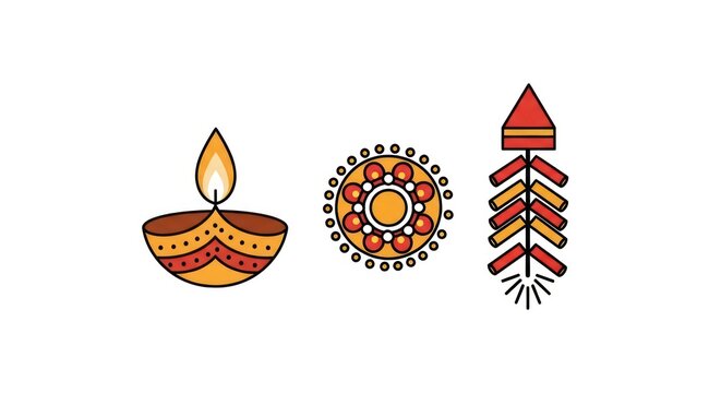 Diwali Festival Icons Set Featuring Diya Lamp Mandala and Firecracker.