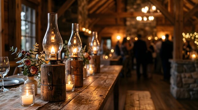 Vintage oil lamps and candles on a wooden table at a rustic indoor wedding