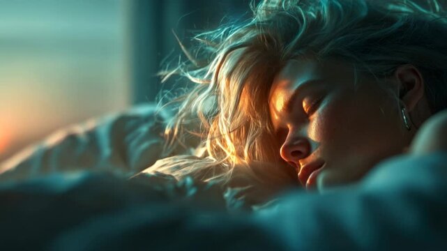 Peaceful young woman sleeping in cozy bed with soft golden morning sunlight, cinematic lifestyle wellness and deep relaxation background concept.