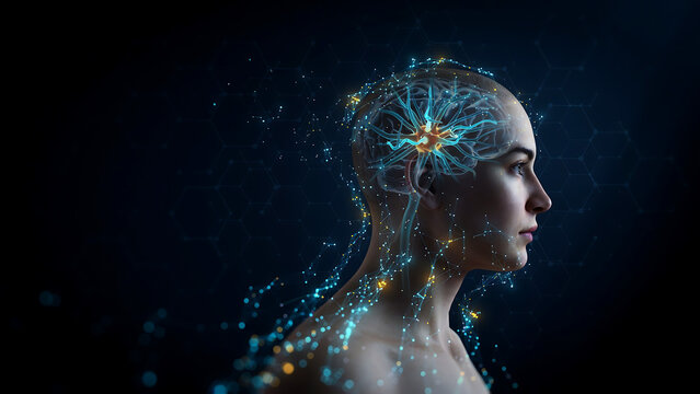 Human head with glowing brain and neural connections, concept of artificial intelligence, neuroscience, and thoughts.