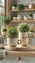 Fototapeta premium Cozy Kitchen Countertop with Potted Succulents and Greenery on Shelves, Natural Light