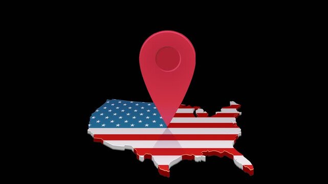 Red map pin pointer bouncing over the USA country map with national flag. Travel and logistics destination concept. Chroma key green screen with alpha channel. (loopable)