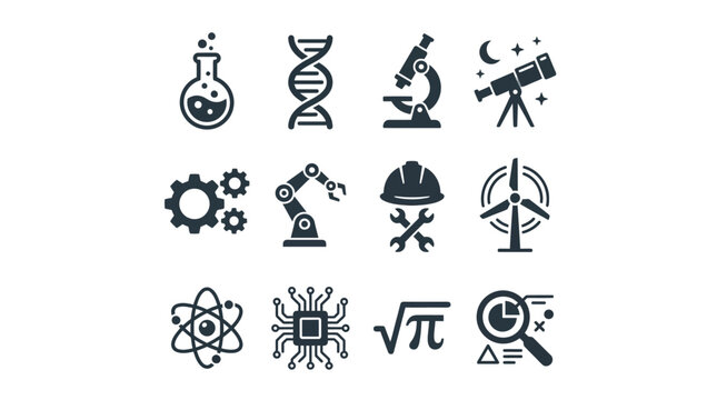 Science and Technology Icons: DNA, Microscope, Robot Arm, Wind Turbine, Atom