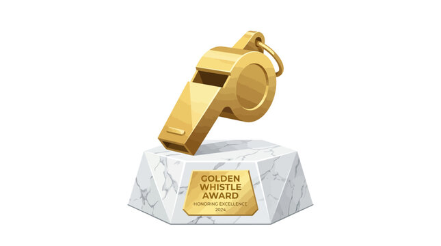 Golden whistle trophy sits on a crystal base awarded for sports