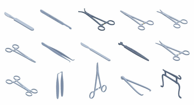 Collection of various scissors and cutting tools in blue outline style.