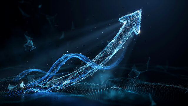 Glowing blue digital arrow rising upwards showing business growth concept with data particles and network connections line.