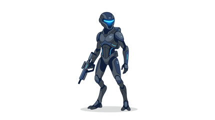 Obraz premium A futuristic robotic woman wearing armor and holding a gun stands heroically