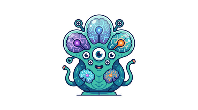 A colorful cartoon creature with multiple eyes and tentacles is sitting on a surface.