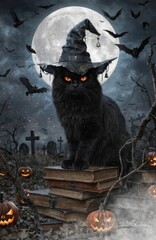 Obraz premium Enchanted Black Cat in Witch Hat Among Gravestones and Pumpkins Under Full Moon