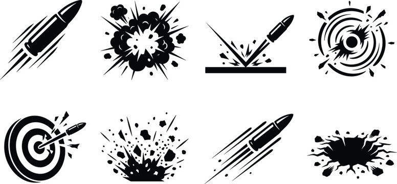 Vector silhouette icons of flying bullets hitting target boards ricochet effects and bomb explosions isolated on white background