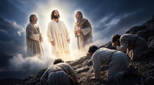 Jesus transfigured on mountain top with Moses and Elijah while Peter James and John kneel in awe. Biblical scene of divine glory and light. Religious event from Gospel of Matthew.