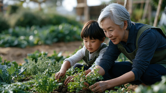 Elderly woman kneeling in community vegetable plot pulling weeds with grandchild beside her mimicking the motion, generational gardening knowledge transfer, morning mist still present across adjacen