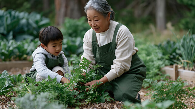 Elderly woman kneeling in community vegetable plot pulling weeds with grandchild beside her mimicking the motion, generational gardening knowledge transfer, morning mist still present across adjacen