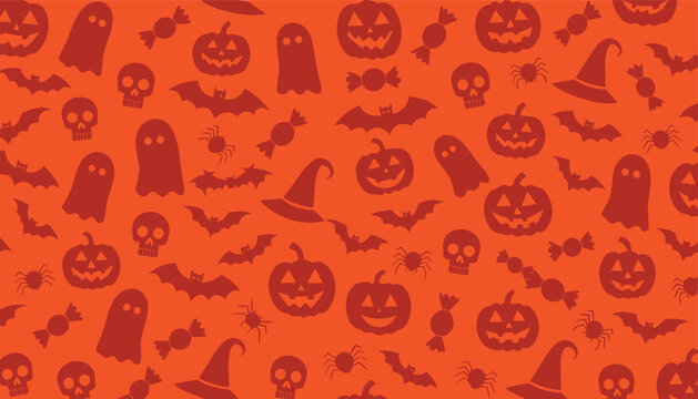 Halloween seamless pattern with skulls, candy and bat silhouettes
