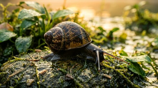 assassin snail close up in borneo rainforest stream morning sunrise light video
