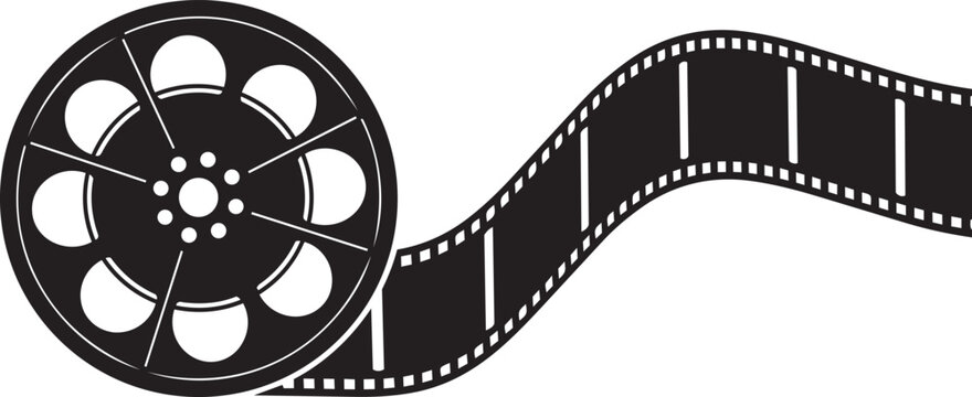 Vintage film reel with celluloid strip flowing in studio lighting against a white background for cinematic concept