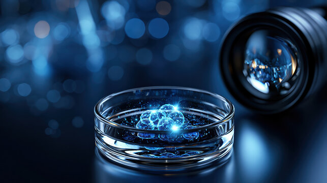 Cancer research concept glowing cell cluster in petri dish with microscope lens and blue bokeh light