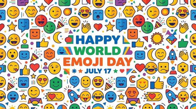 Colorful pattern featuring many different emojis celebrating happy world emoji day on a white background