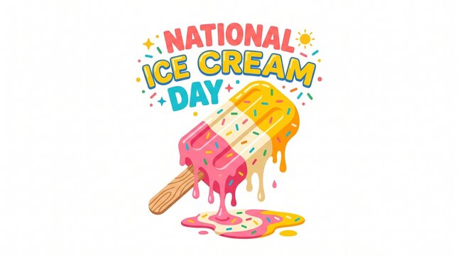 Colorful melting popsicle illustration celebrating national ice cream day with vibrant sprinkles and decorative text elements