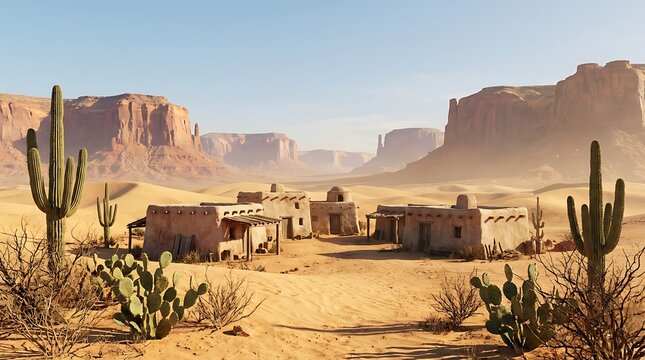 Old adobe house in the middle of a sunny desert landscape with tall green saguaro cactus plants. desert landscape with casitas 